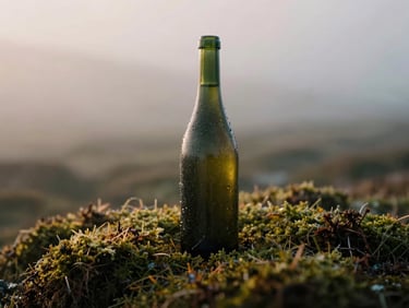 Condensation dripping down a dark green wine bottle resting on damp coastal moss, soft morning fog, moody natural lighting, shallow depth of field, 35mm film.