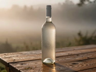 Condensation on a chilled white wine bottle standing on a rustic wooden table, soft morning fog in the background
