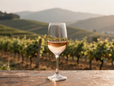 A glass of pale rosé wine catching the low-angled natural sunlight, vineyard hills softly blurred in the background