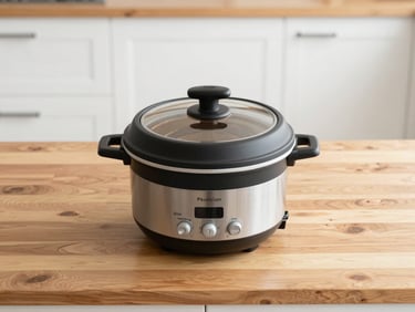 Overhead flat-lay of a premium multi-cooker on a wooden kitchen counter, bright natural daylight