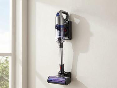 A high-end cordless vacuum cleaner mounted on a light-colored utility wall, clean lines