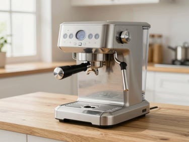 A premium stainless steel espresso machine on a clean wooden UK kitchen counter, bright natural daylight