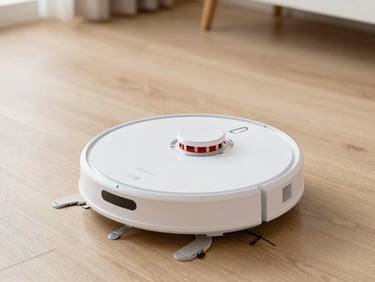 A sleek robotic vacuum cleaner on a light oak wooden floor, bright natural daylight, clean background.