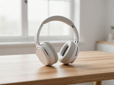 Over-ear noise cancelling headphones resting on a minimalist oak desk, soft overcast window light