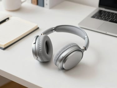 A sleek pair of noise-cancelling over-ear headphones resting on a clean desk next to a notebook