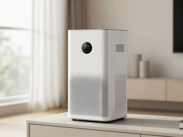 A high-end air purifier sitting on a modern living room shelf, soft natural light, minimalist setting.