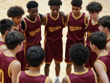 Wide shot of a full youth basketball team in maroon and gold huddle breaking, hands stacked in center, coach at edge, overhead gym fluorescents, authentic team moment