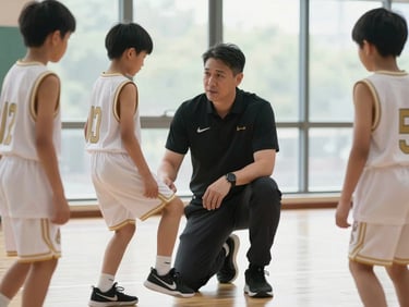 Medium shot of a coach kneeling courtside demonstrating footwork to two youth players in gold-trimmed uniforms, natural gym window light, genuine instructional moment