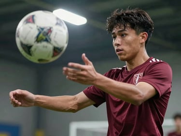 Close-up medium shot of a youth player in maroon uniform executing a precise chest pass to a teammate, hands extended, gym light from overhead, motion blur on the ball