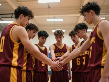 Wide shot of a full youth basketball team in maroon and gold huddle breaking, hands stacked in center, coach at edge, overhead gym fluorescents, authentic team moment