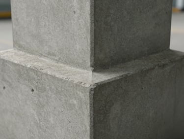 Close-up of a concrete column base showing formed surface texture and chamfered edges under diffuse factory skylight, no glare, tight framing on the corner detail