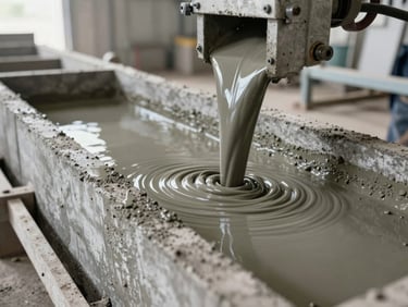 Close-up of a concrete casting mould mid-fill on a factory floor, liquid concrete flowing in under controlled pour equipment, daylight from overhead skylights, tight framing on the mould edge and concrete surface, no workers posed