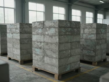 Wide shot of concrete curing chambers on a factory floor, stacked product in controlled humidity environment, diffused natural light through high factory windows, no people, emphasis on scale and order