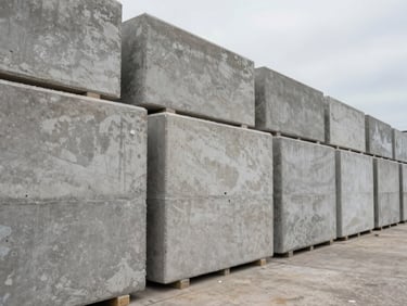 Wide shot of concrete retaining wall blocks arranged in a production yard row, overcast daylight, surface showing consistent cast finish, shot from a low angle looking along the row