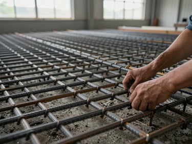 Close-up of steel reinforcement mesh being set into a concrete form on the factory floor, hands visible positioning rebar, overcast daylight from side windows, tight framing on the reinforcement pattern