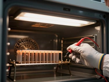 Inside an open oven, a technician's gloved hand testing the heating element with a multimeter probe, clean overhead fluorescent work light, no faces visible