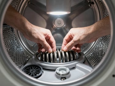 Close-up of a dryer drum interior with hands inspecting the heating coil under a directed work light, lint trap removed and set aside