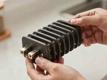 Hands removing an oven heating element, clean studio light, element held up against a neutral kitchen background showing metal contacts clearly