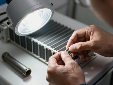 Extreme close-up of a technician's hands adjusting refrigerator condenser coils under a bright work light, genuine part placed nearby on a clean surface