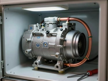 Close-up of a refrigerator compressor unit and copper tubing at the back of the appliance, clean overhead work light, tools resting nearby on a tile floor, no faces