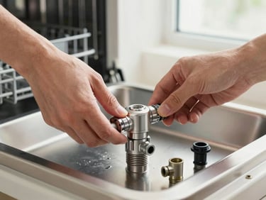 Hands adjusting a dishwasher spray arm under clean window light, water inlet valve and genuine replacement part visible on the counter beside it