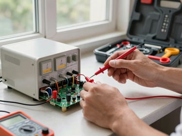 Technician's hands connecting a multimeter probe to a home appliance control board on a kitchen counter, window daylight, tool kit open beside the unit