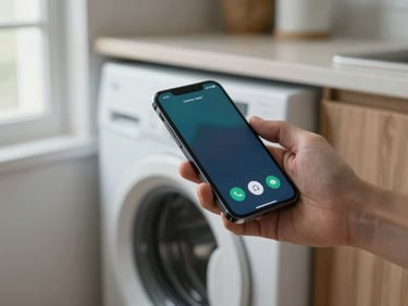 Close-up of a hand holding a smartphone showing a call screen, resting on a kitchen counter near a washing machine, clean window light from the left, shallow depth of field
