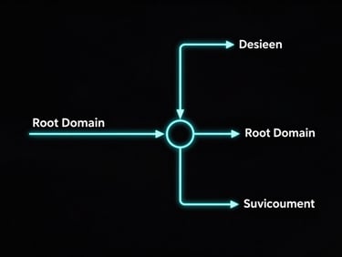 Wide panoramic tight vector flowchart showing traffic splitting between a root domain and an isolated subdomain environment, sharp neon-cyan routing lines on a deep black background.