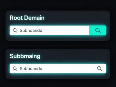 High-contrast UI wireframe comparison of root domain header and subdomain header aligned perfectly, simulated dark-mode terminal glow, neon cyan accents.