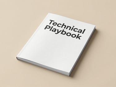 Clean flat-lay mockup of a minimalist PDF playbook cover with 'Technical Playbook' title, on a warm beige background, soft natural daylight.