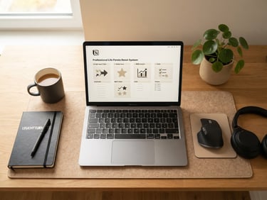 Clean mockup of the Notion-based Professional Life Pareto Reset system on a minimalist desk setup, soft natural daylight, warm beige and charcoal tones, sharp focus, overhead shot.