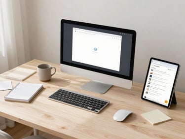 Cluttered digital desktop, many open browser tabs, unread email notifications, and scattered digital notes, soft natural daylight, high angle overhead shot.