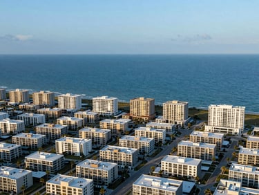 Aerial view of a coastal Florida development area, clean geographic lines, crisp morning light, desaturated blue tones