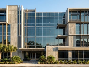 Clean architectural photography of a modern concrete and glass office building facade in St. Augustine Florida, bright morning daylight, desaturated deep blue and warm gold tones, sharp focus.