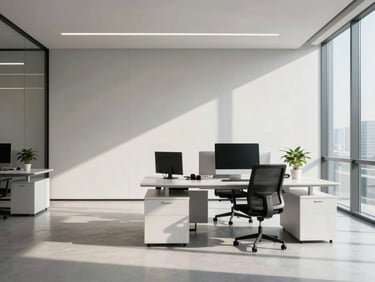 Modern minimalist corporate workspace with clean lines, natural daylight, soft shadows, reflecting professional efficiency.