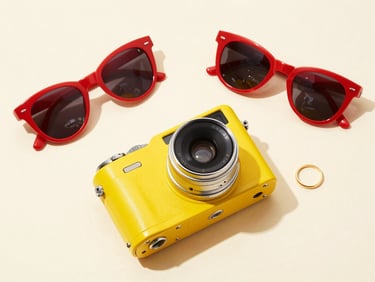 Vibrant pop-art flat-lay of a yellow retro camera, red sunglasses, and a gold ring on a bright cream background, crisp studio shadows