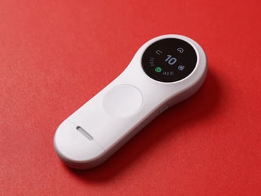 Sleek smart posture corrector device, isolated on a bright cherry red backdrop, professional product photography, sharp focus