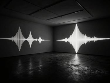 Stark monochrome gallery photography, empty high-ceilinged gallery installation with abstract digital waveforms projected on a distant wall, dramatic chiaroscuro, 35mm