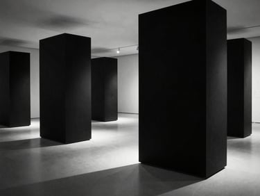 Stark monochrome gallery photography, wide environmental shot of an empty contemporary museum gallery, monolithic black structures casting long shadows, 35mm