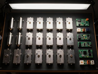 Overhead flat-lay of genuine XRF machine spare parts laid out in precise rows on a matte black workbench—detector modules, X-ray tubes, circuit boards, and connectors—bright studio strobe lighting from above, high contrast, no warm tones