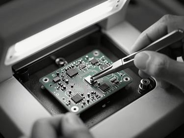 Close-up overhead shot of tweezers placing an electronics board component on an XRF machine circuit board, bright lab fluorescent lighting, high-contrast black and white tones, technical repair work in progress