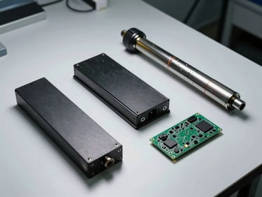 Overhead study of genuine XRF spare parts — detector module, X-ray tube, and electronics boards — laid out precisely on a clean white laboratory bench under studio strobe lighting, high contrast