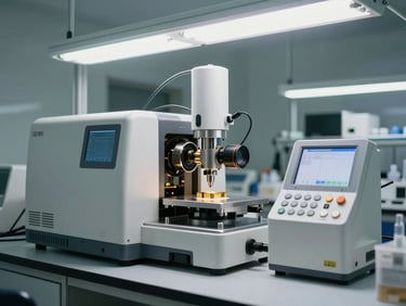 Wide environmental shot of an XRF gold testing machine in active operation inside a jewelry laboratory, bright fluorescent overhead lighting, high contrast, equipment controls and display in focus, no people