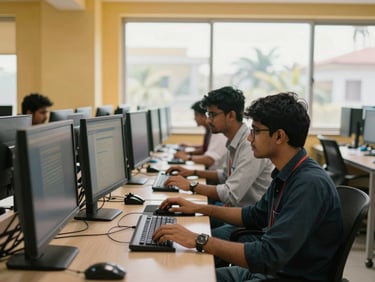 Vibrant Hyderabad college tech lab, medium shot of three students collaborating over high-end workstation screens, warm natural window light, modern clean interior, professional atmosphere.