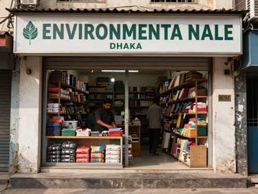 Environmental wide shot of a small Dhaka retail storefront with a hand-painted sign, natural daylight spilling across the entrance steps, a shopkeeper arranging goods on a shelf just inside the door