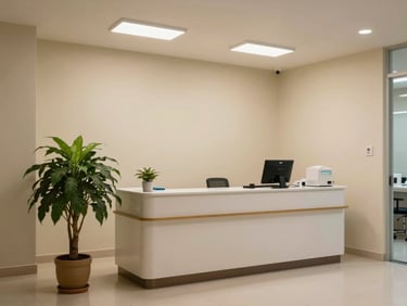 Wide shot of a clean dental clinic reception area in Dhaka, soft directional indoor light, a tidy front desk with a potted plant, no people, warm cream walls, documentary framing