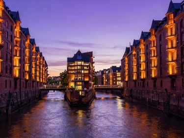 Neon-lit canal paths in Hamburg at twilight, modern architecture, deep purple tones
