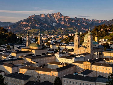Sweeping high-altitude view of Salzburg at golden hour, dramatic alpine backdrop