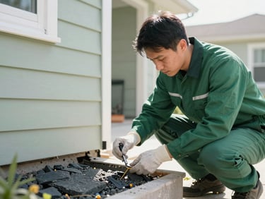 Professional technician in clean, branded uniform meticulously sealing a small gap on a home's foundation, bright morning daylight, crisp focus.
