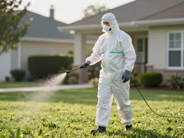 Generic pest control technician in a hazmat suit spraying a residential lawn, blurred background, late afternoon light, less crisp focus.